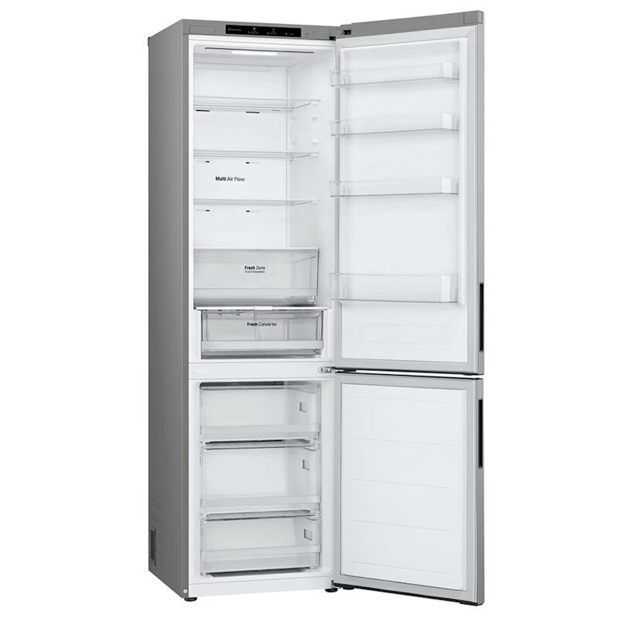 Frigorífico combi LG GBV22NCDPY inox abierto con compartimentos interiores visibles