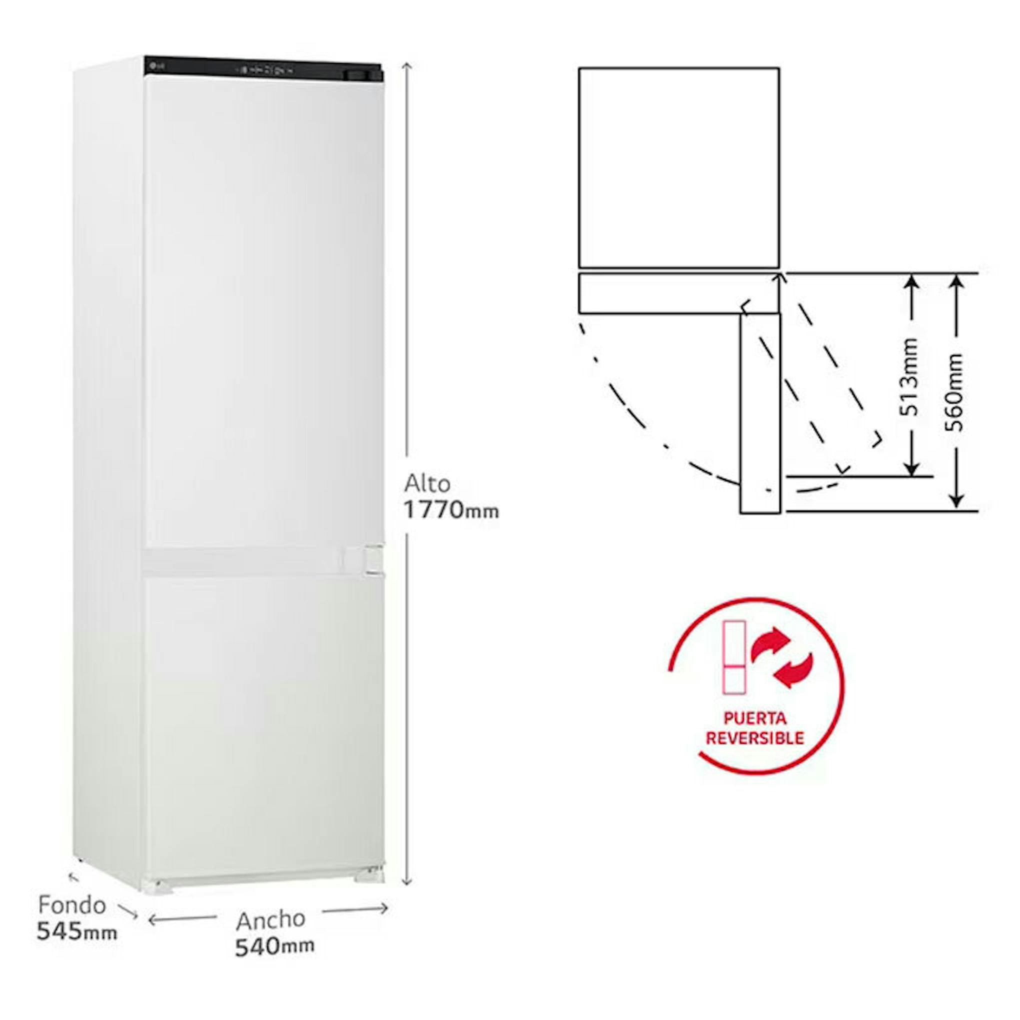 Frigorífico combi integrable LG GTFN256SER blanco con esquema de medidas y puerta reversible