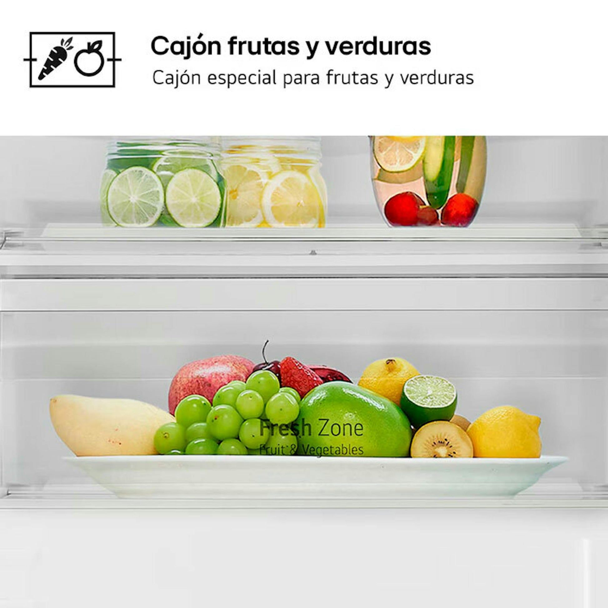 Cajón Fresh Zone del frigorífico integrable LG GTFN256SER con frutas y verduras