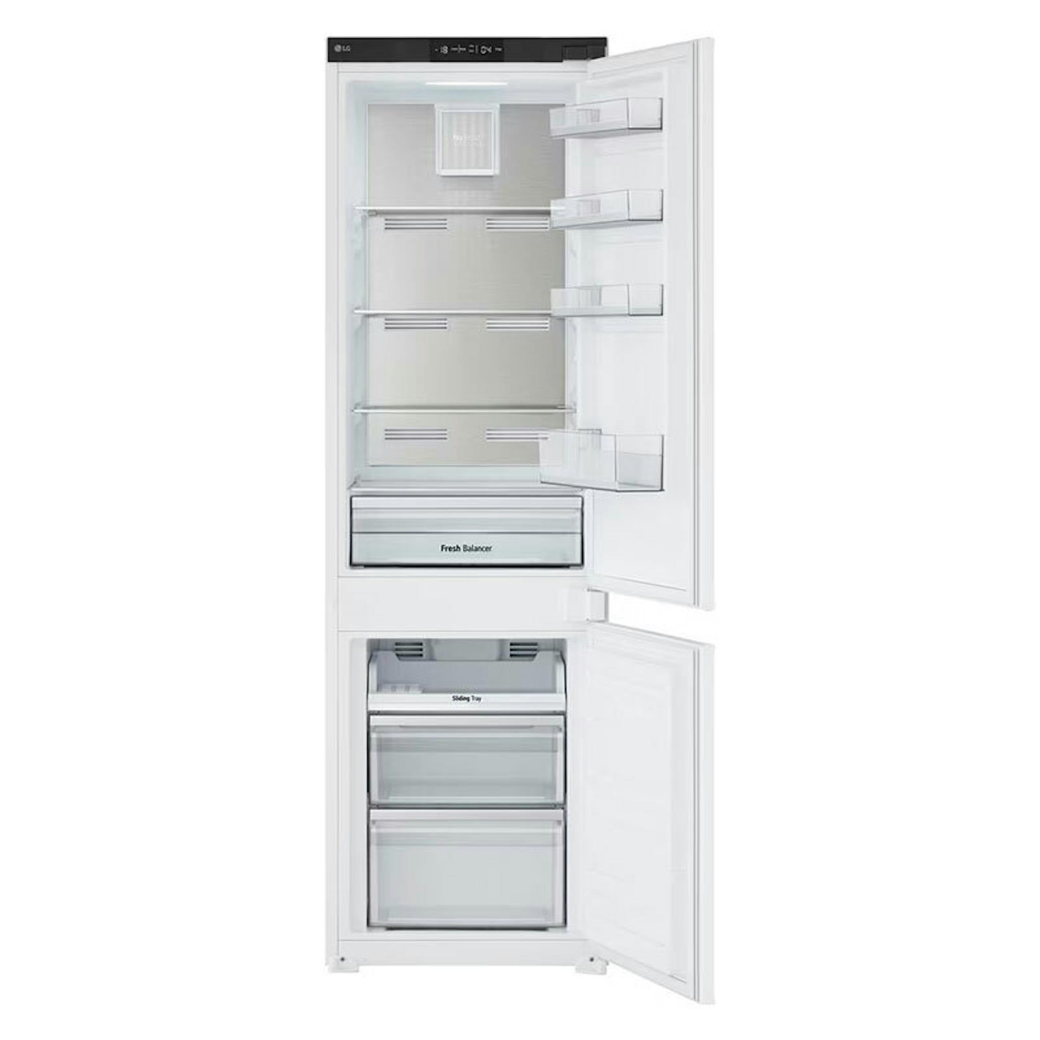 Frigorífico combi integrable LG GTFN256SET abierto con compartimentos interiores