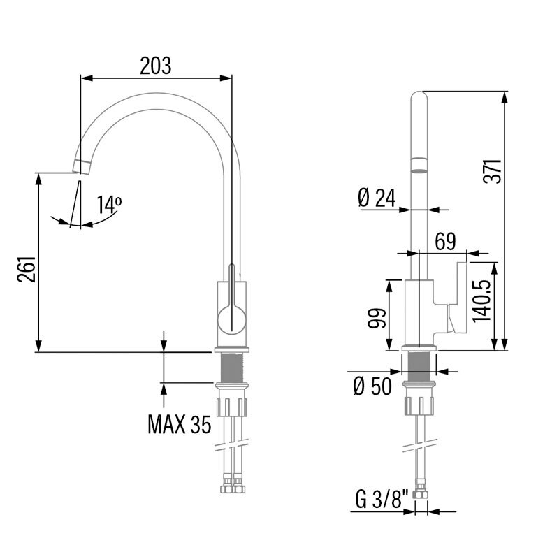 Grifo de cocina Cata CMA X – Monomando, Acero inox, Caño 360°