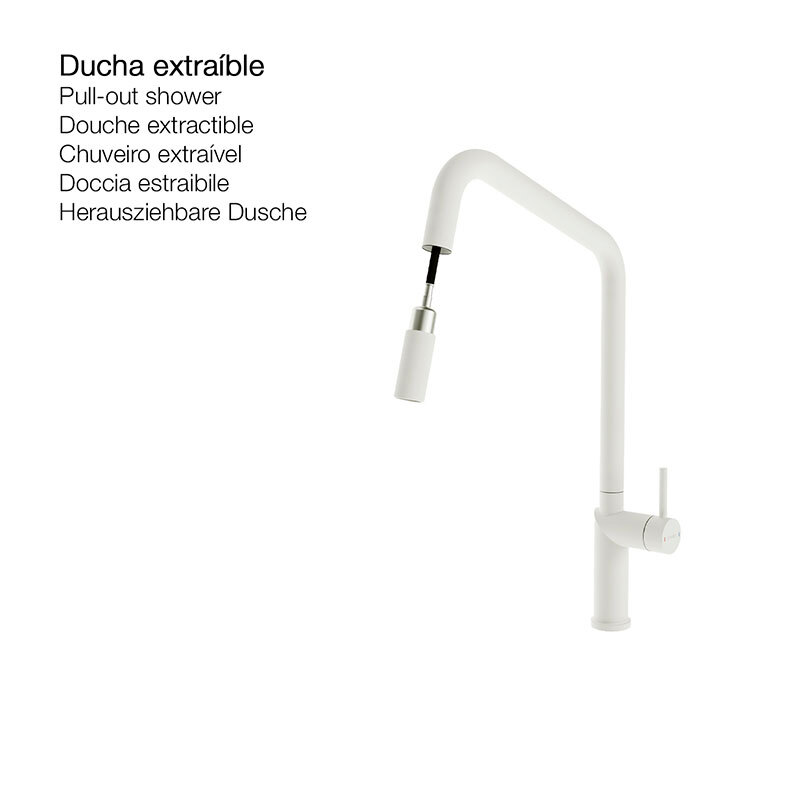 Grifo de cocina Poalgi C1BL – Blanco mate, Caño alto extraíble, Ahorro agua 5 L/min