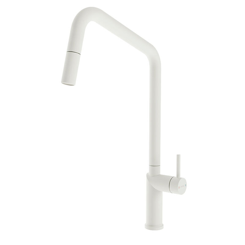 Grifo de cocina Poalgi C1BL – Blanco mate, Caño alto extraíble, Ahorro agua 5 L/min