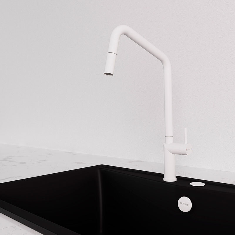 Grifo de cocina Poalgi C1BL – Blanco mate, Caño alto extraíble, Ahorro agua 5 L/min