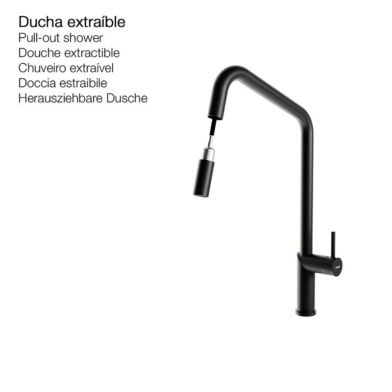 Grifo de cocina monomando Poalgi POALGIC1 – Negro mate, Ducha extraíble, Cartucho cerámico 45 mm
