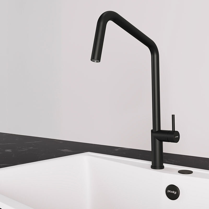 Grifo de cocina monomando Poalgi POALGIC1 – Negro mate, Ducha extraíble, Cartucho cerámico 45 mm