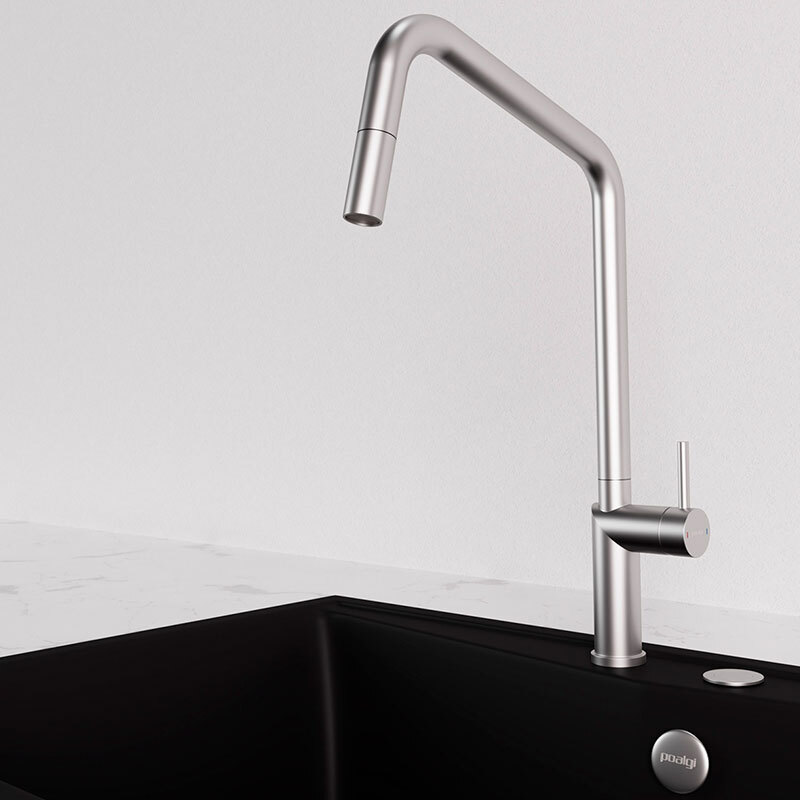 Grifo de cocina Poalgi POALGIC1/NQ – Níquel cepillado, Ducha extraíble, Ahorro de agua