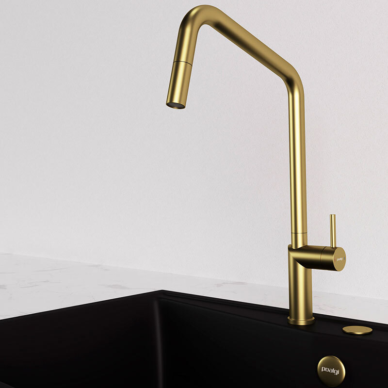Grifo de cocina Poalgi POALGIC1/ORO – Caño extraíble, Monomando, Acabado oro