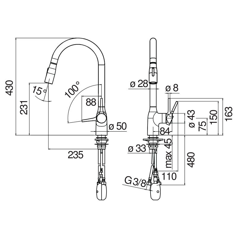 Grifo de cocina Nobili CU128137GTP – Ámbar cepillado, Caño alto extraíble, Limitador 50%