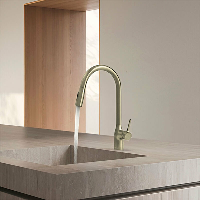 Grifo de cocina Nobili CU128137GTP – Ámbar cepillado, Caño alto extraíble, Limitador 50%