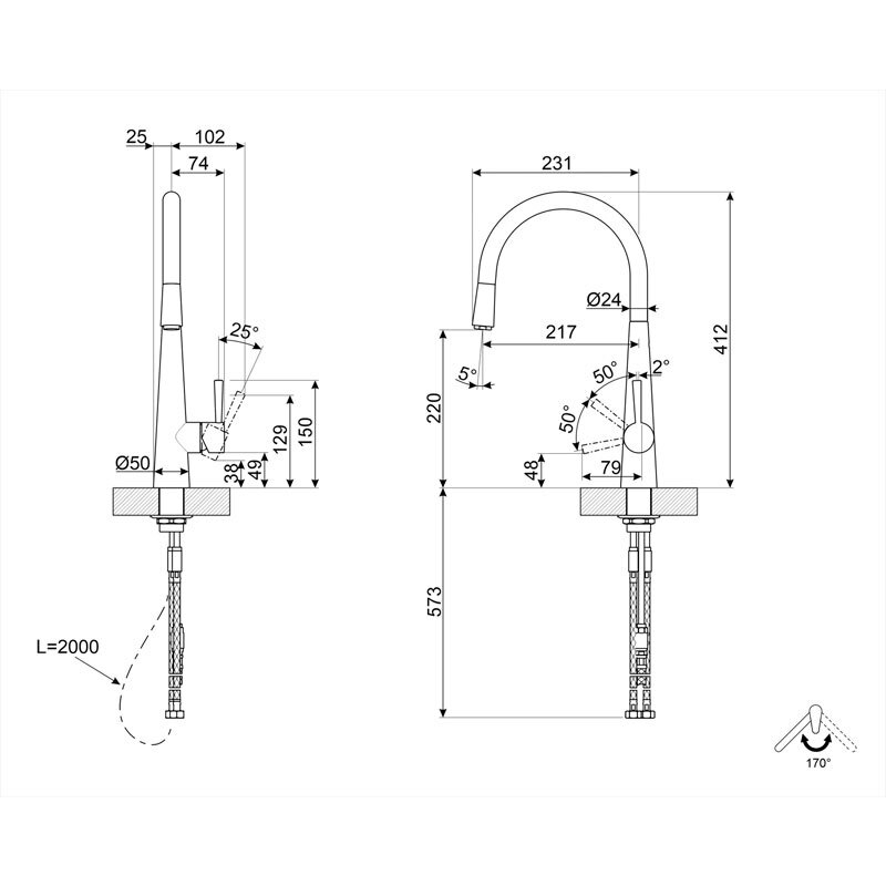 Grifo monomando de cocina Smeg MD14CR – Cromo brillante, Caño J giratorio 170°, Ducha extraíble