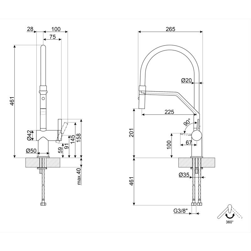 Grifo de cocina Smeg MID20CR – Negro mate, Caño alto 360° giratorio, Ducha móvil doble chorro