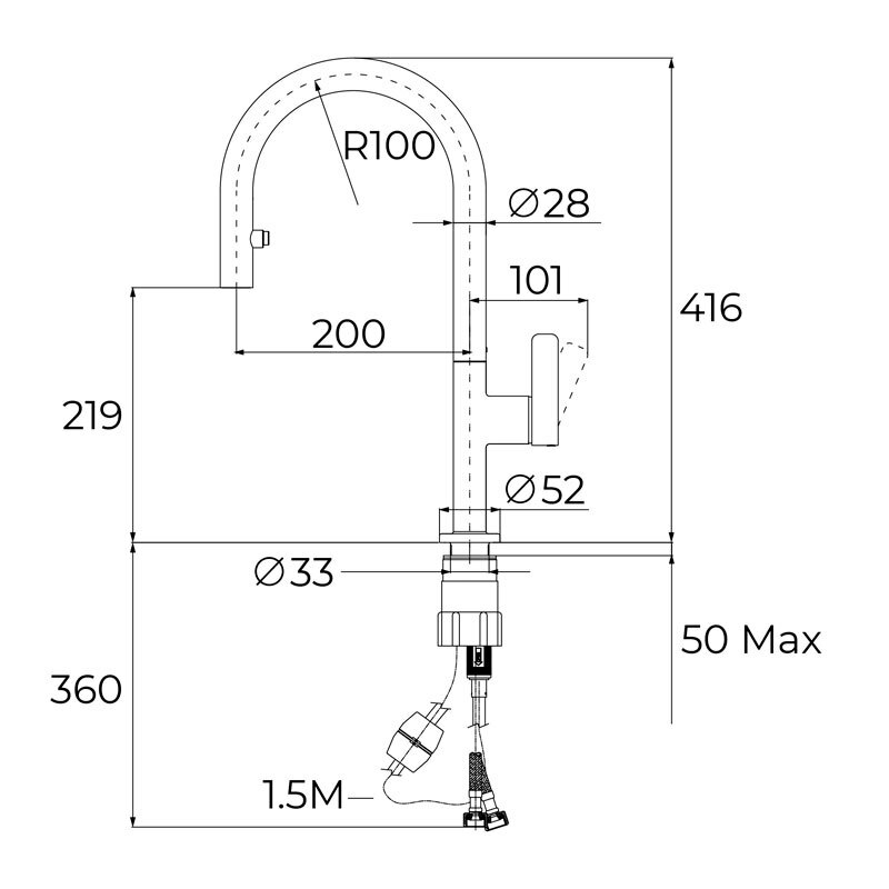 Grifo de cocina Teka OVAL 9382 – Monomando, Caño alto extraíble, Negro mate
