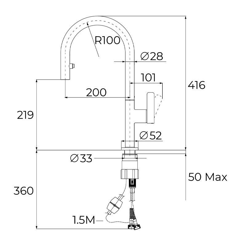 Grifo de cocina Teka OVAL 9382 – Caño alto 360°, Monomando extraíble 2 funciones, Ahorro agua