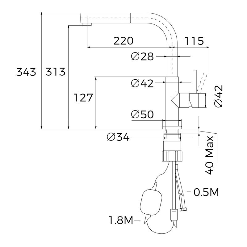 Grifo de cocina Teka UNI 9331 – Monomando, negro mate, caño alto extraíble 360º