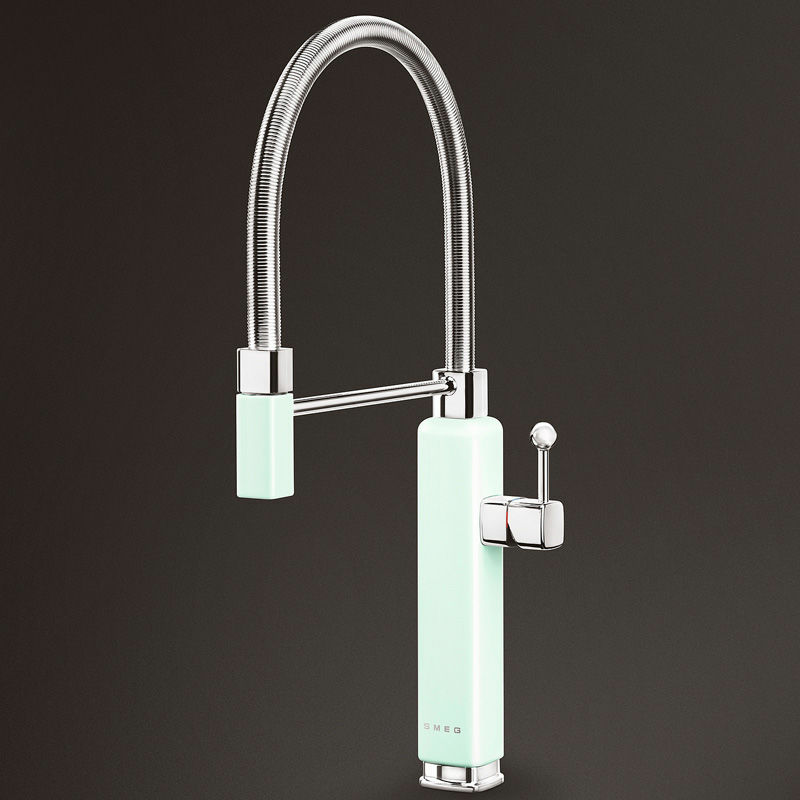Grifo de cocina Smeg MDF50PG – Verde pastel, Caño alto extraíble, Ahorro agua