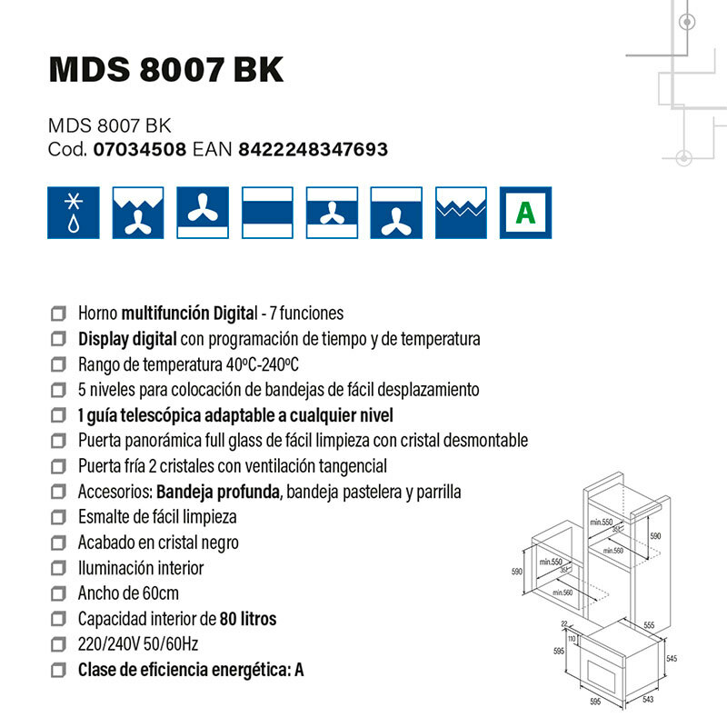 Horno multifunción Cata MDS8007BK – Integrable, 80 L, Clase A
