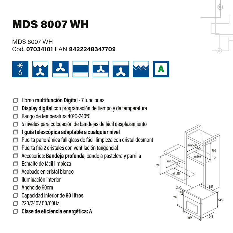 Horno integrable Cata MDS8007WH – 80 L, Clase A, 7 funciones