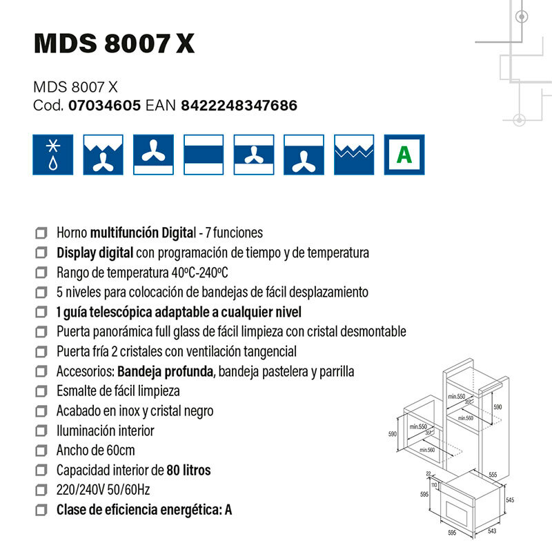 Horno Multifunción Integrable Cata MDS 8007 X – 80 L, Clase A, 7 funciones