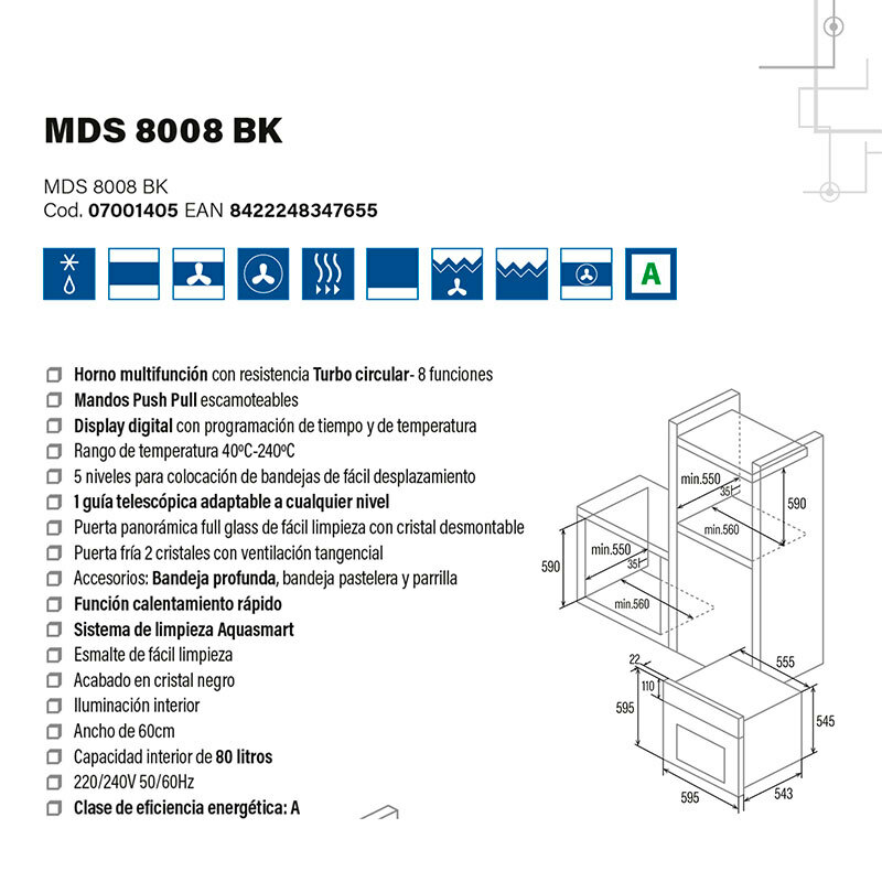 Horno integrable Cata MDS8008BK – 80 L, Clase A, 8 funciones