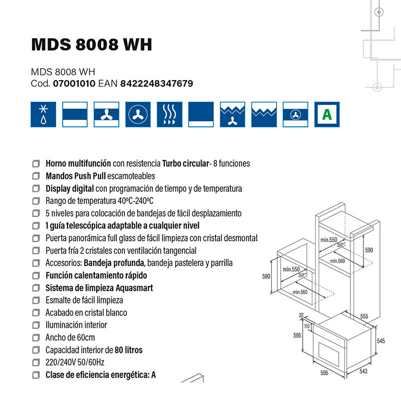 Horno integrable Cata MDS8008WH – 80 L, Clase A, Limpieza AquaSmart