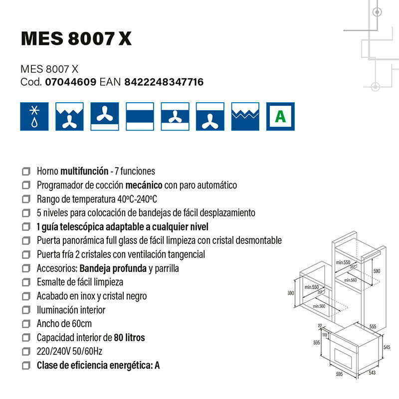Horno multifunción integrable Cata MES8007X – 80 L, Clase A, 7 funciones