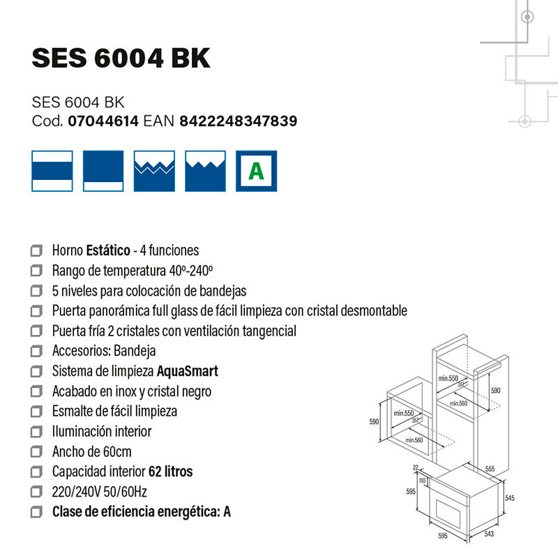 Horno integrable CATA SES6004BK – 62 L, Hidrolítico, Puerta doble vidrio
