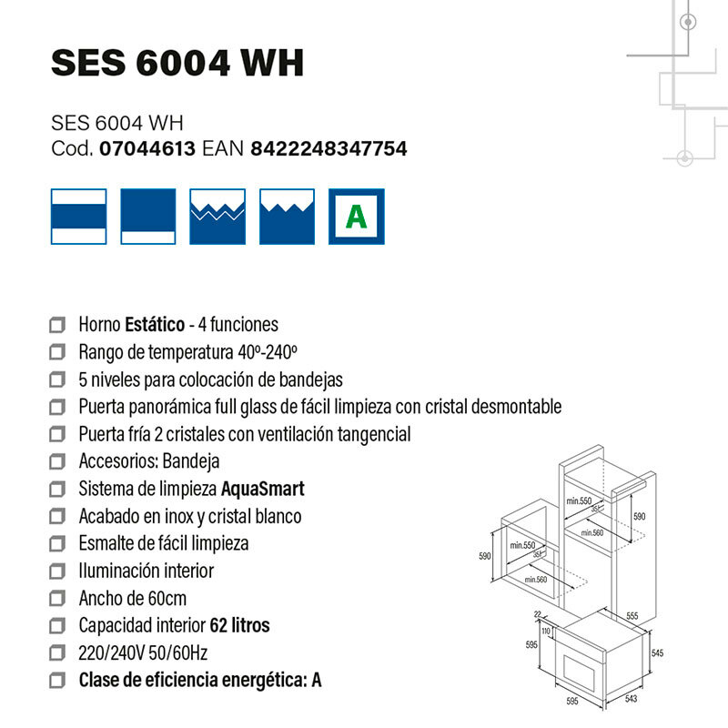 Horno integrable Cata SES6004WH – 62 L, Clase A, Limpieza hidrolítica