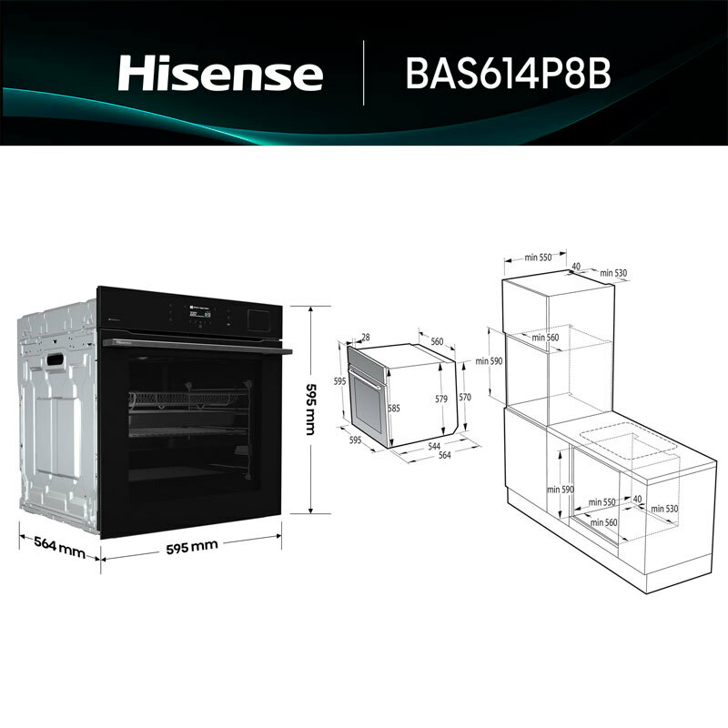 Horno pirolítico integrable Hisense BAS614P8B – 77 L, A+, Vapor y Air Fry