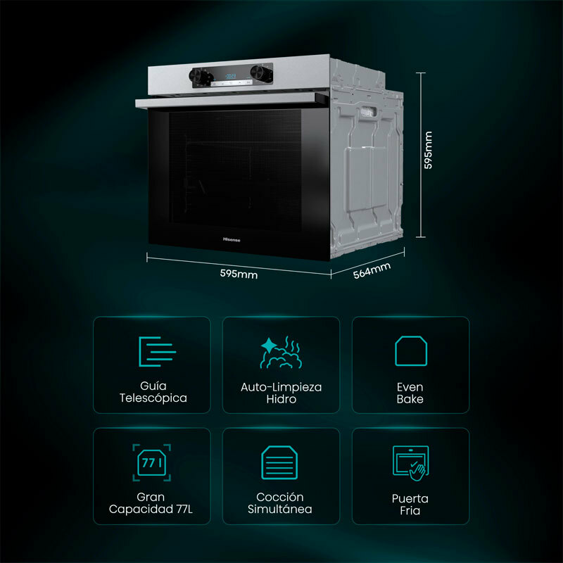 Horno encastrable Hisense BI62216AX – 77 L, limpieza hidrolítica, inox antihuellas