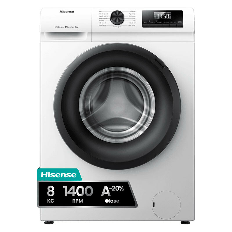 Lavadora carga frontal Hisense WF1Q8041BW – 8 kg, 1.400 rpm, Vapor