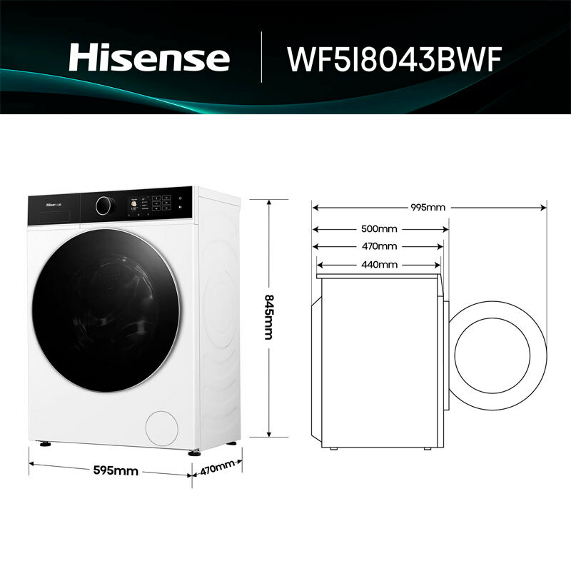 Lavadora Hisense WF5I8043BWF – 8 kg, Clase A, 1.400 rpm