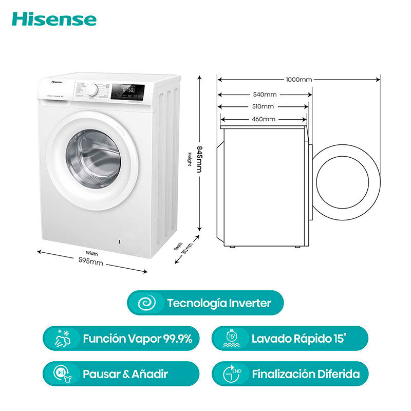 Lavadora frontal Hisense WFQP801419VM – 8 kg, Clase A, Motor Inverter