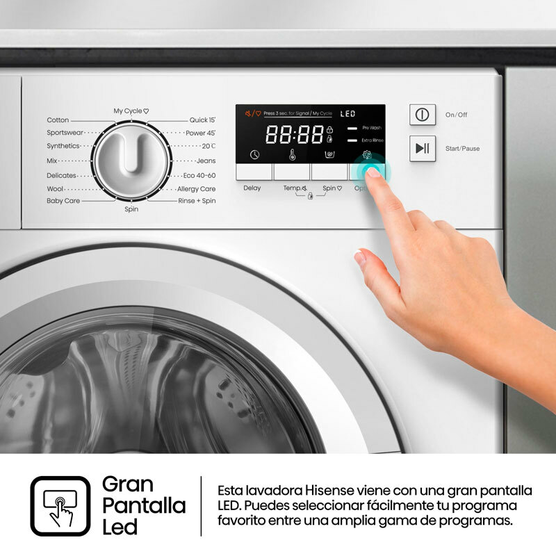 Lavadora integrable Hisense WF3M841BWIES – 8 kg, Clase A, Vapor 99,9%