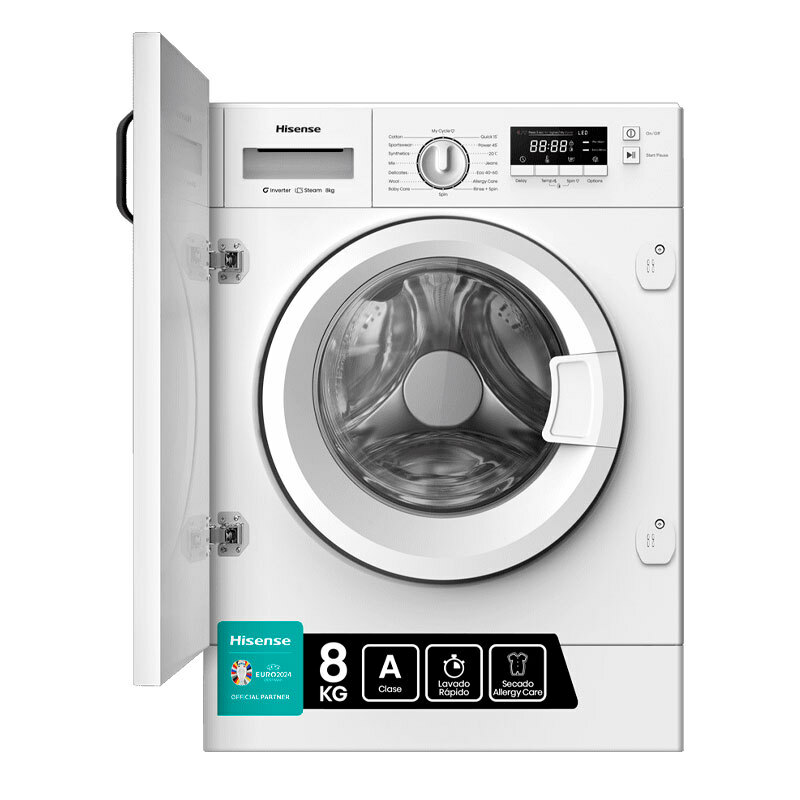 Lavadora integrable Hisense WF3M841BWIES – 8 kg, Clase A, Vapor 99,9%