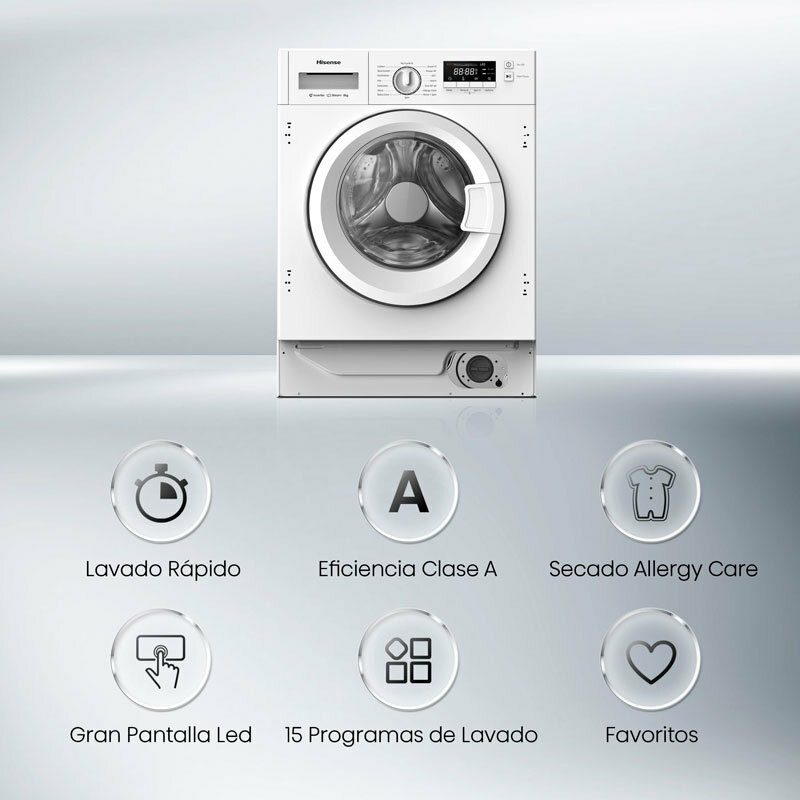 Lavadora integrable Hisense WF3M841BWIES – 8 kg, Clase A, Vapor 99,9%