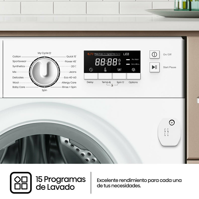 Lavadora integrable Hisense WF3M841BWIES – 8 kg, Clase A, Vapor 99,9%