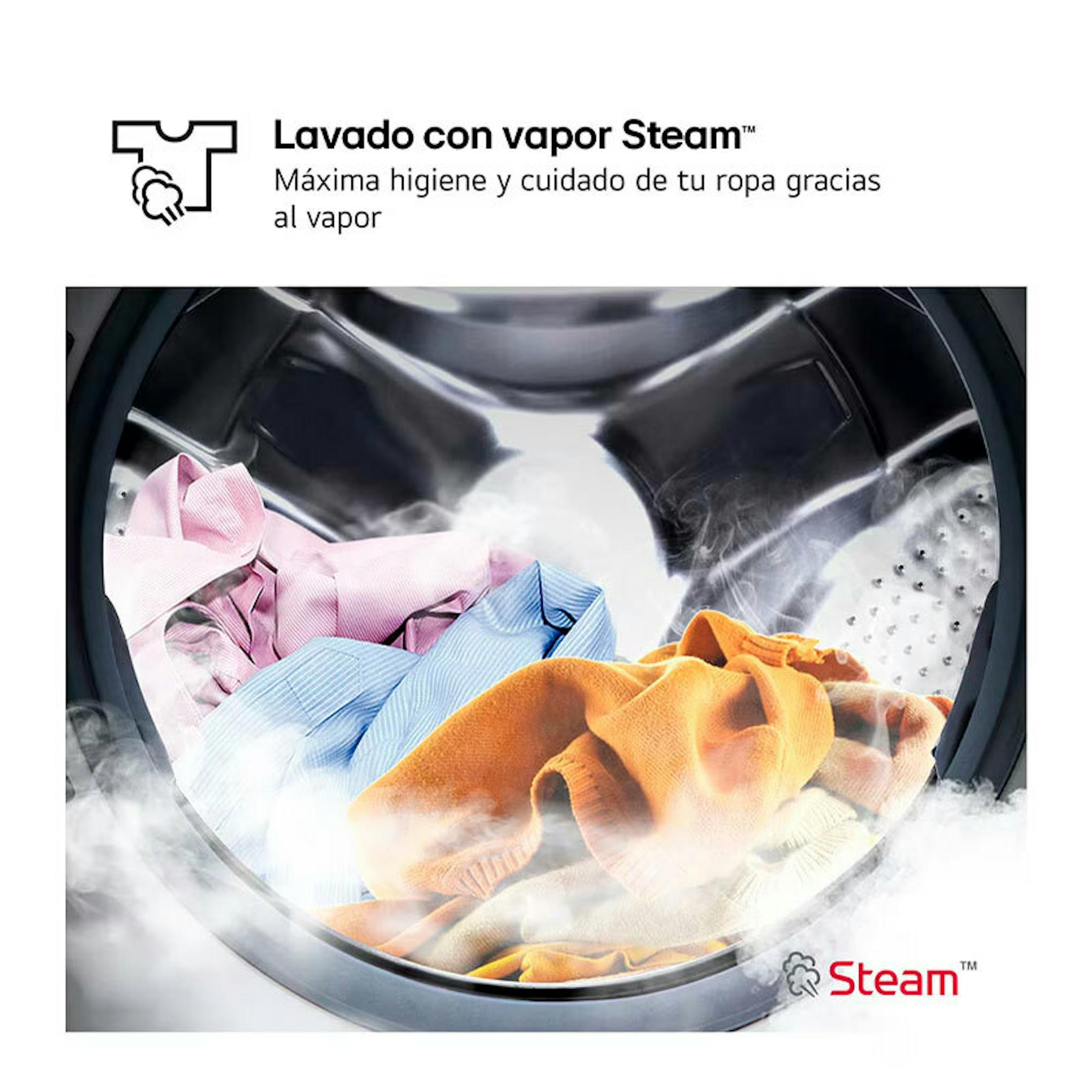 Interior del tambor de la lavadora LG F0P3CYV2E con ropa y vapor Steam