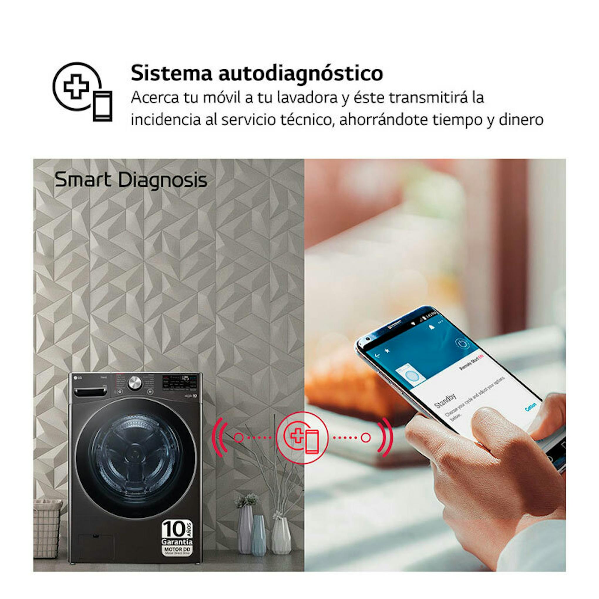 Lavadora LG F0P3CYV2E en imagen promocional con Smart Diagnosis y un móvil