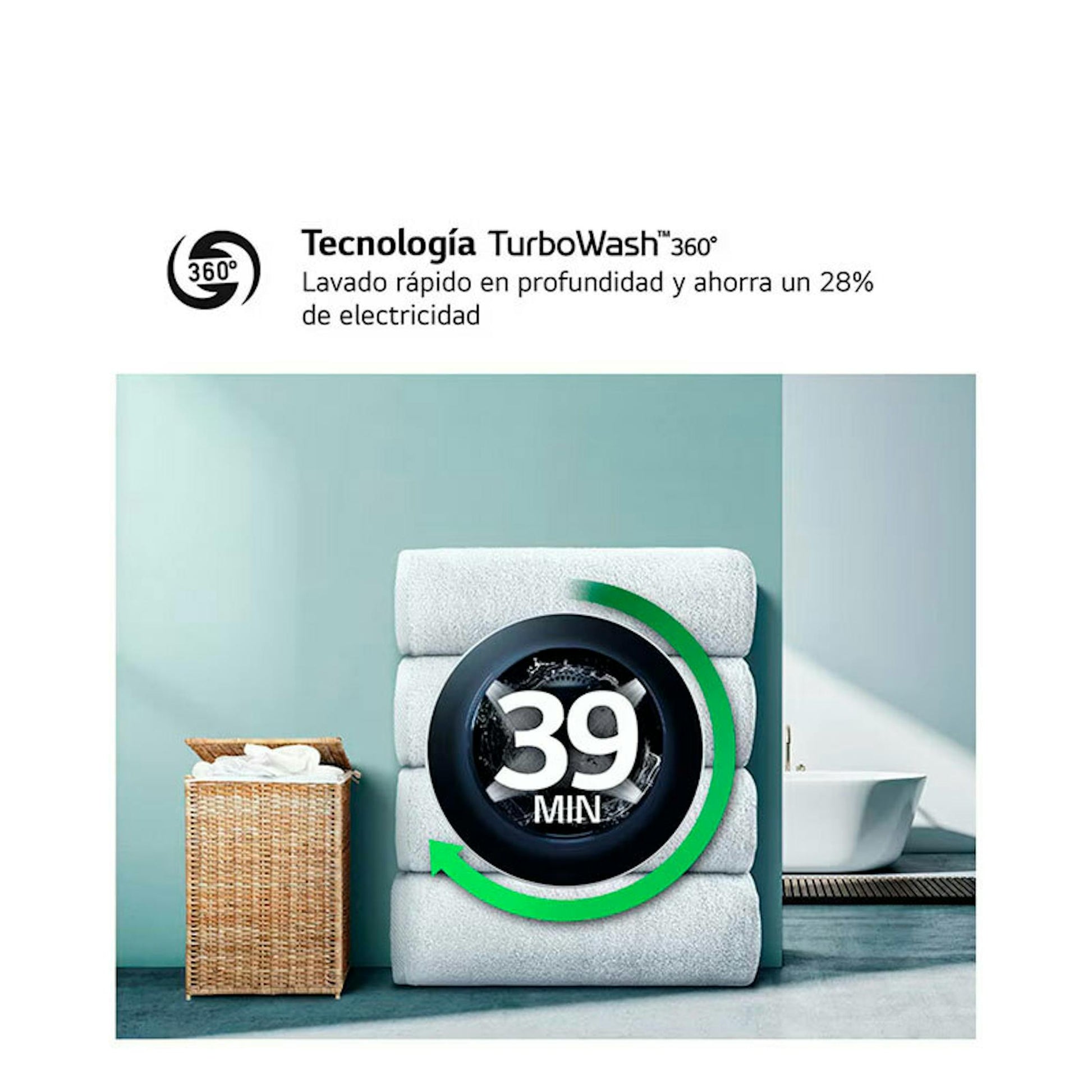 Imagen promocional de la lavadora LG F0P3CYV2W con tecnología TurboWash 360 y el texto 39 min
