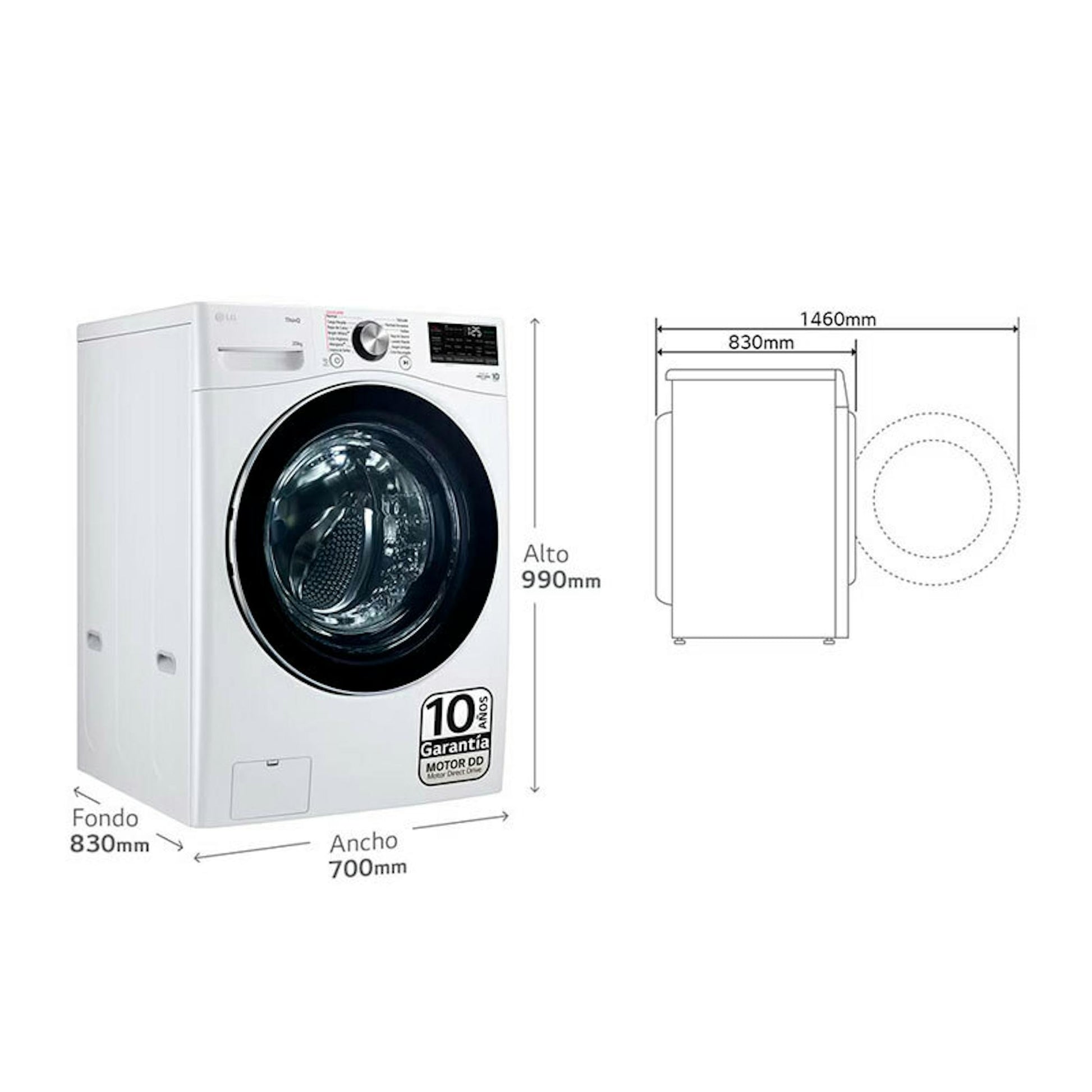 Lavadora LG F0P3CYV2W blanca, vista frontal con medidas