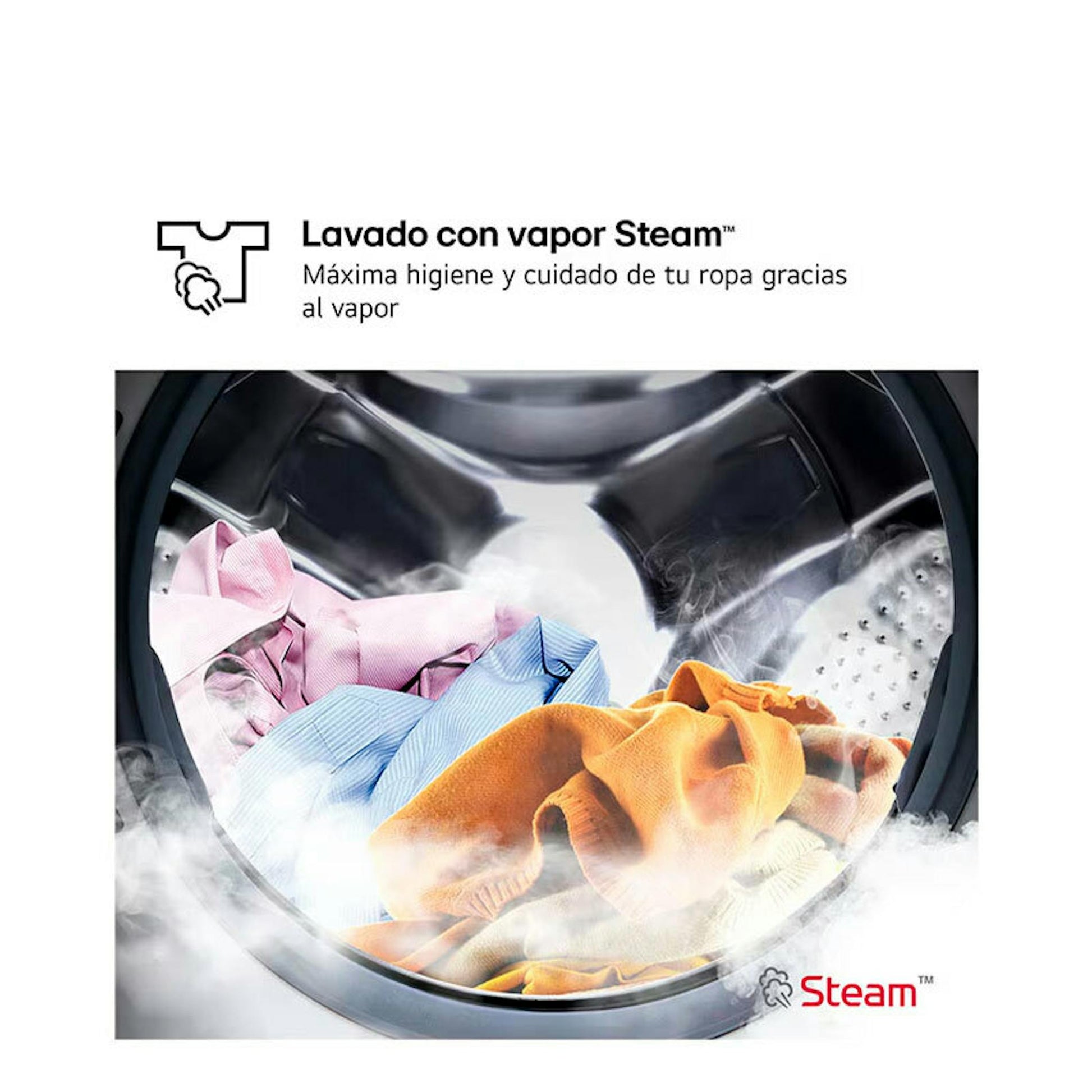 Detalle del tambor de la lavadora LG F0P3CYV2W con ropa y vapor Steam