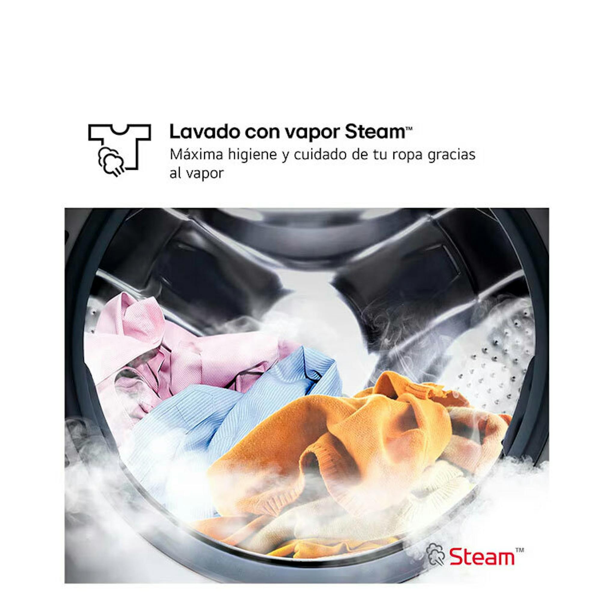 Detalle del tambor de la lavadora LG F0P3CYV2W con ropa y vapor Steam