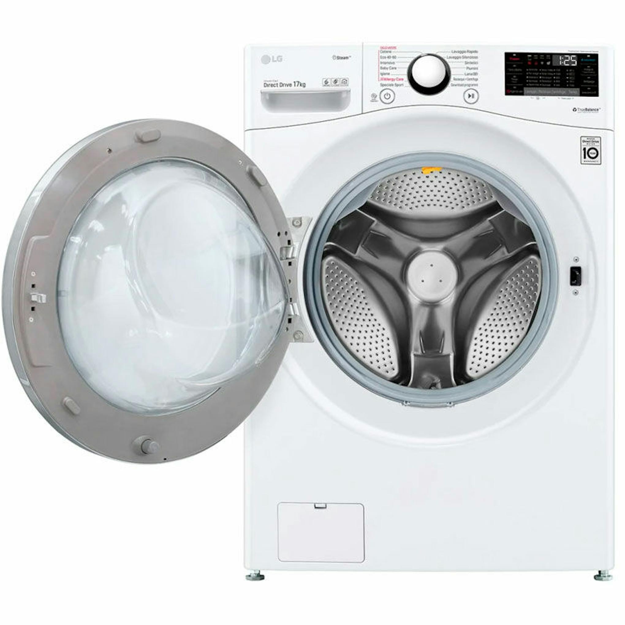 Lavadora LG F1P1CY2W de 17 kg con puerta abierta e interior del tambor