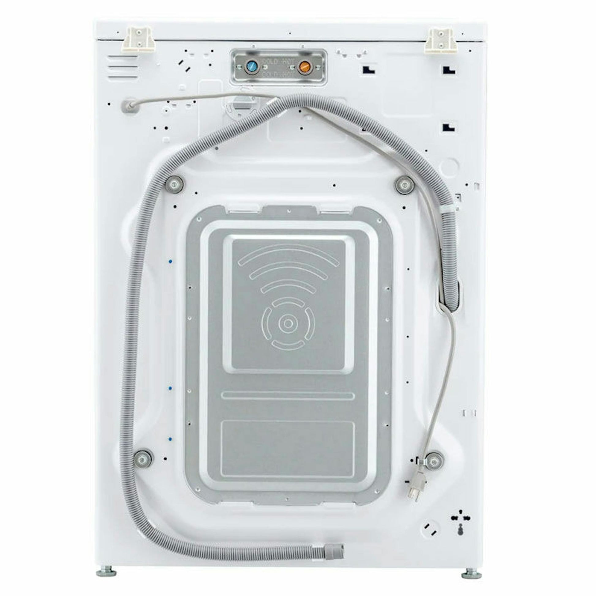 Lavadora LG F1P1CY2W, vista trasera con manguera y panel posterior