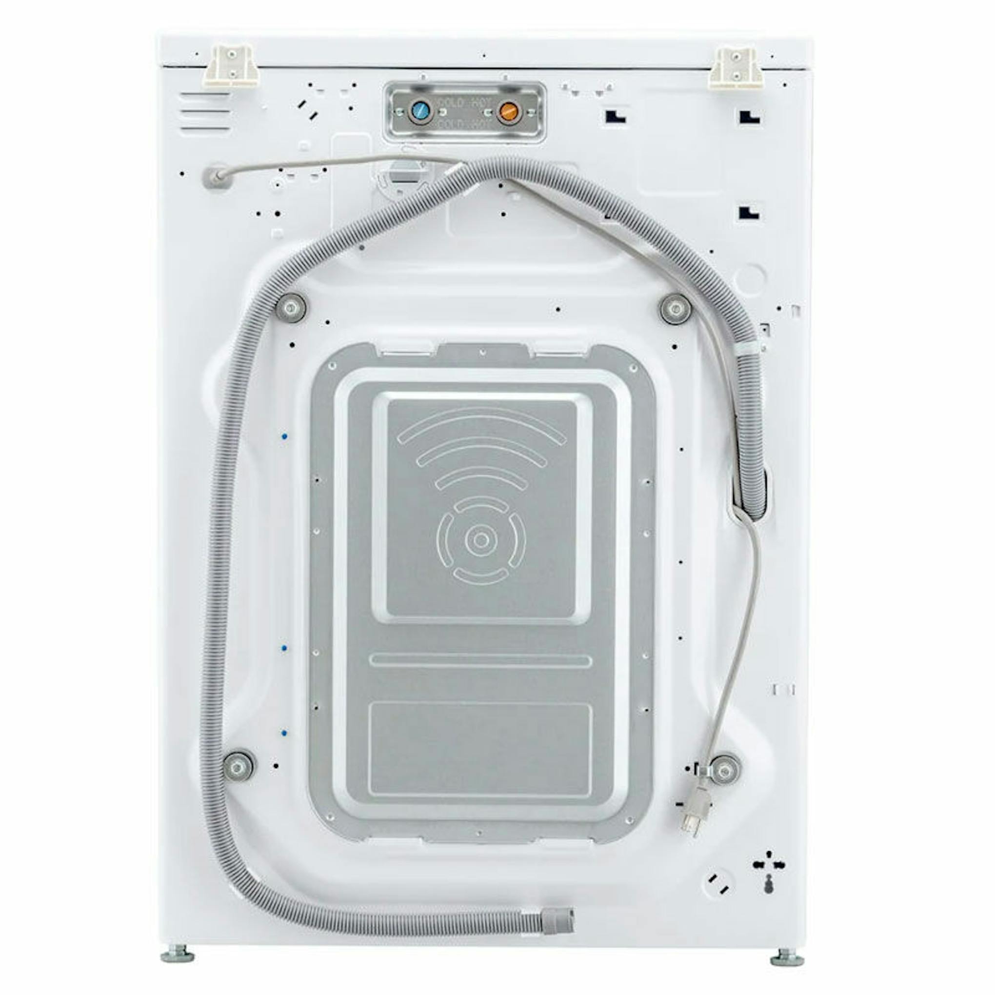 Lavadora LG F1P1CY2W, vista trasera con manguera y panel posterior