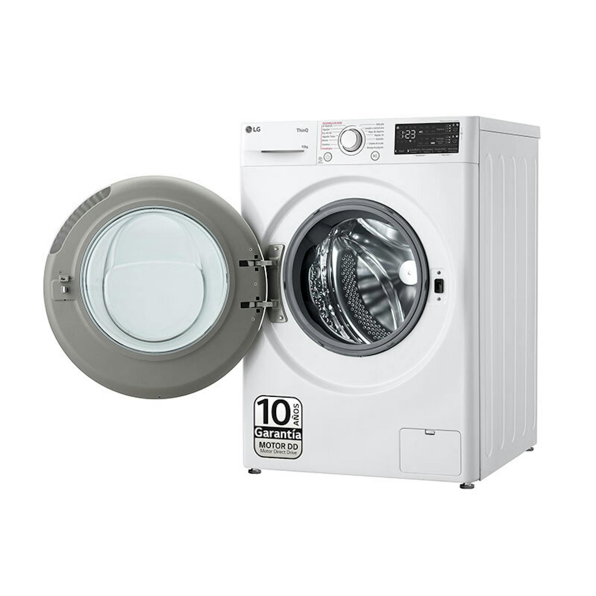Lavadora LG F4WR5510A0W blanca de carga frontal con puerta abierta, 10 kg