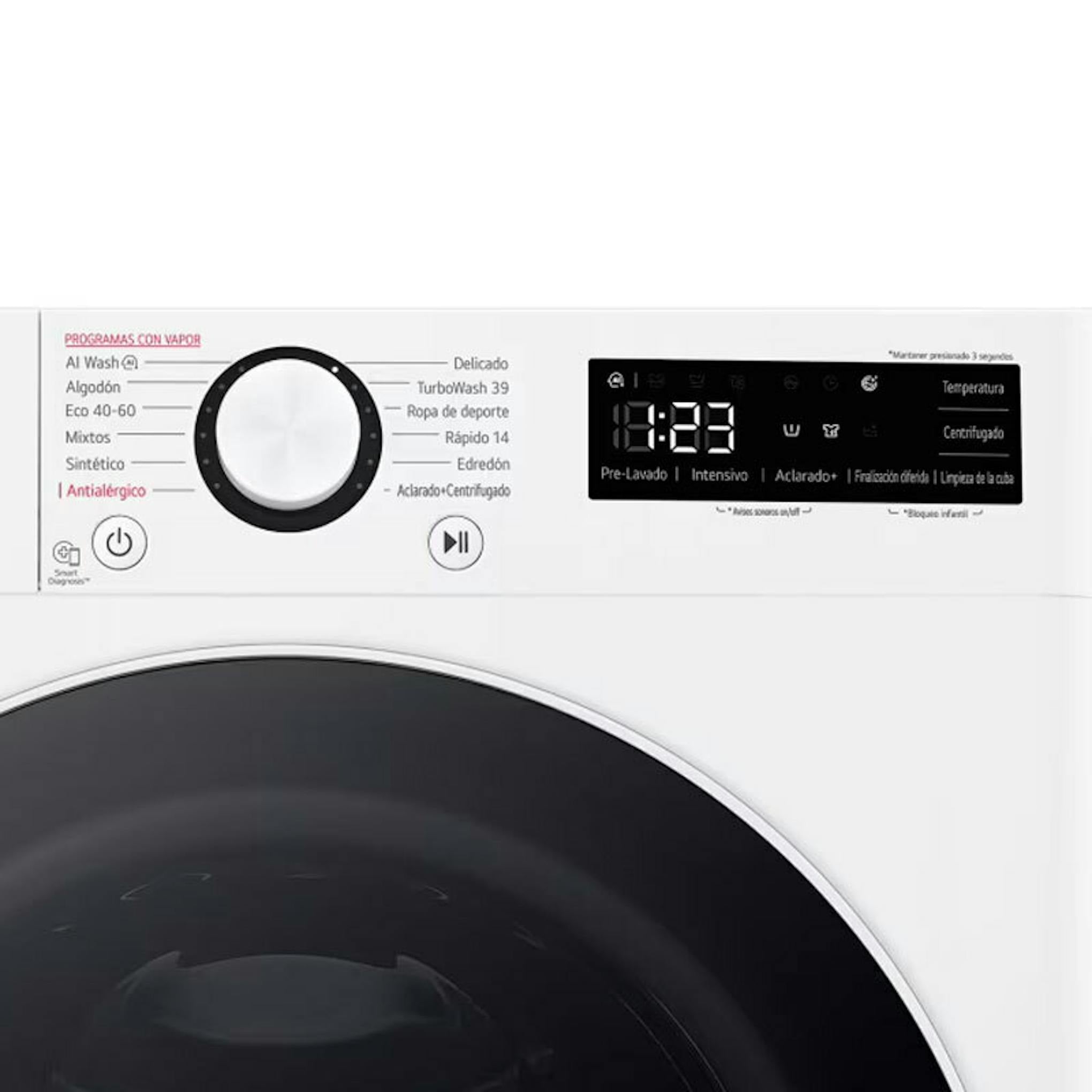 Lavadora LG F4WR6009A0W blanca con panel de control y puerta frontal