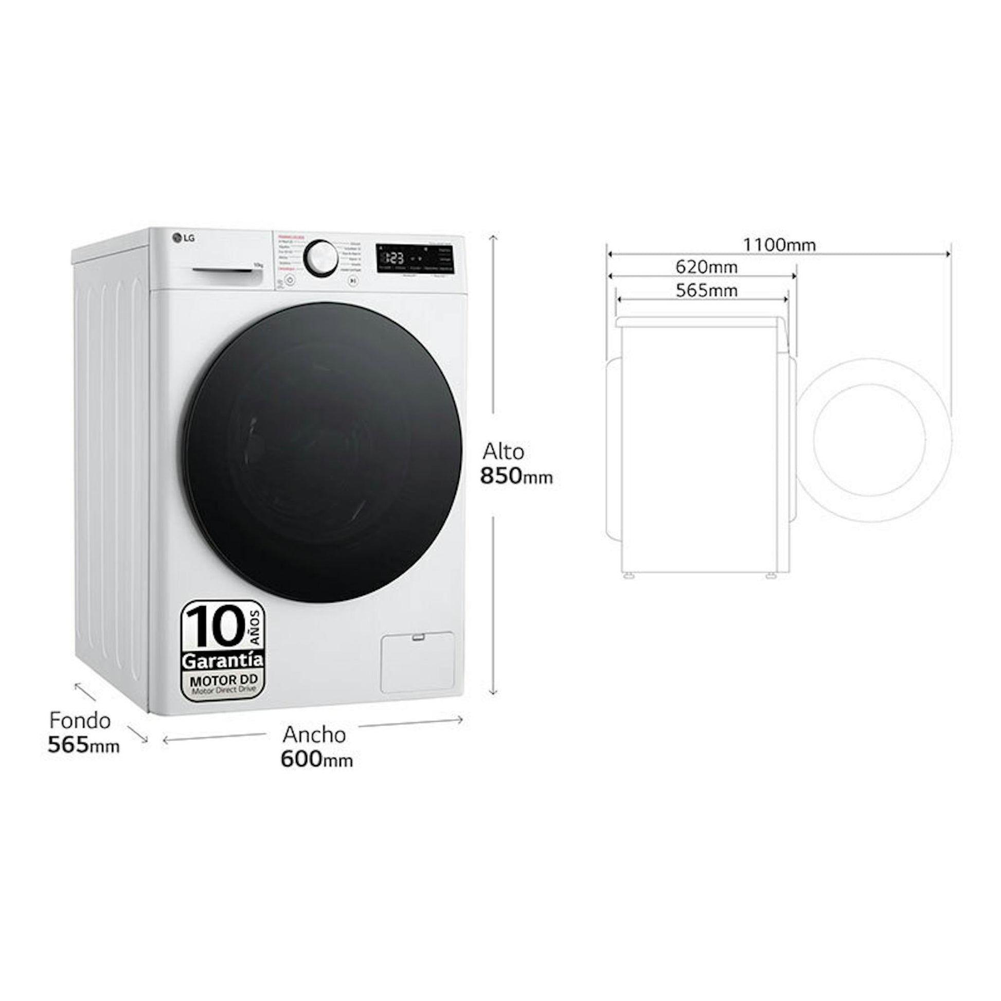 Lavadora LG F4WR6010AGW blanca con puerta negra y esquema de medidas