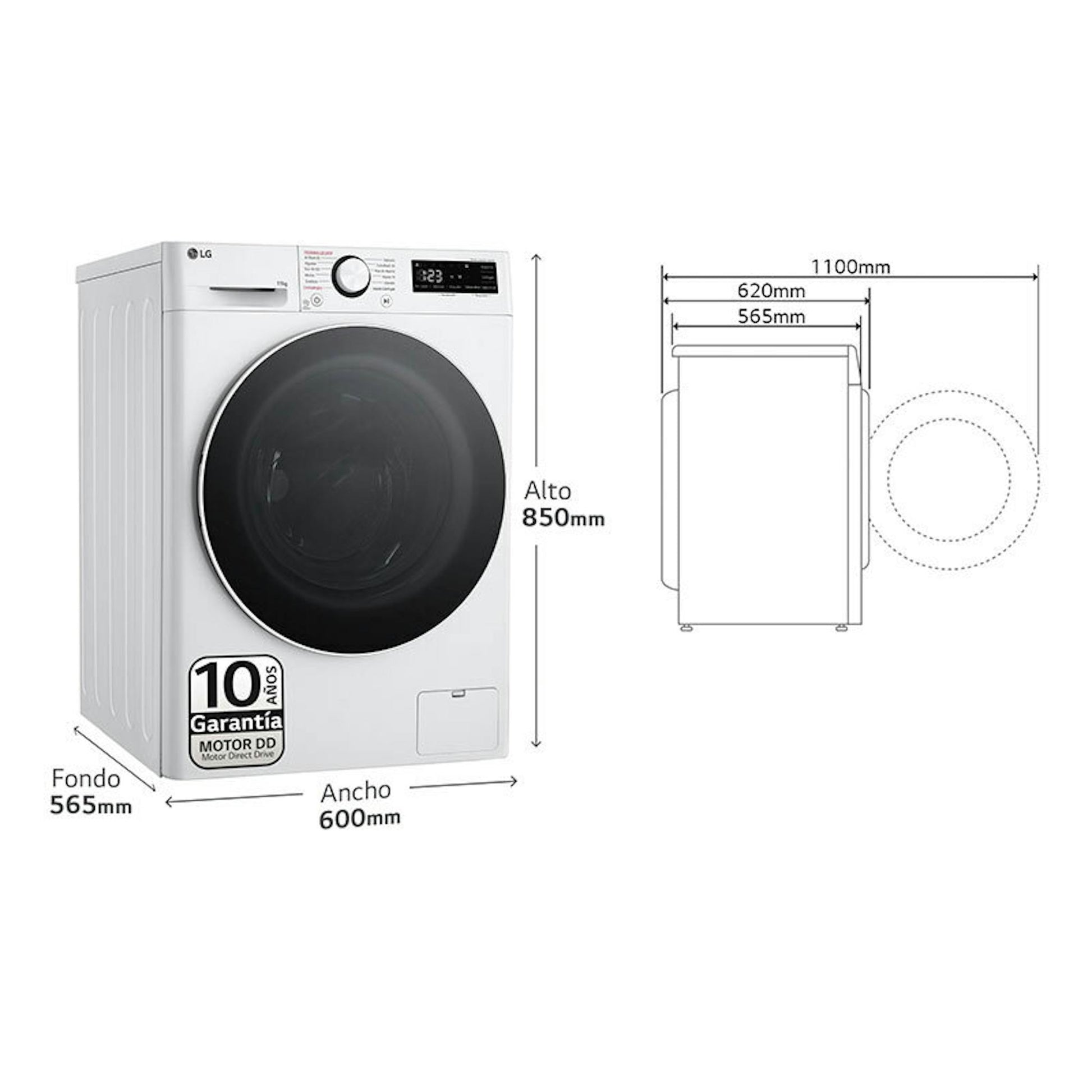 Lavadora LG F4WR6011A0W blanca con puerta frontal y esquema de dimensiones